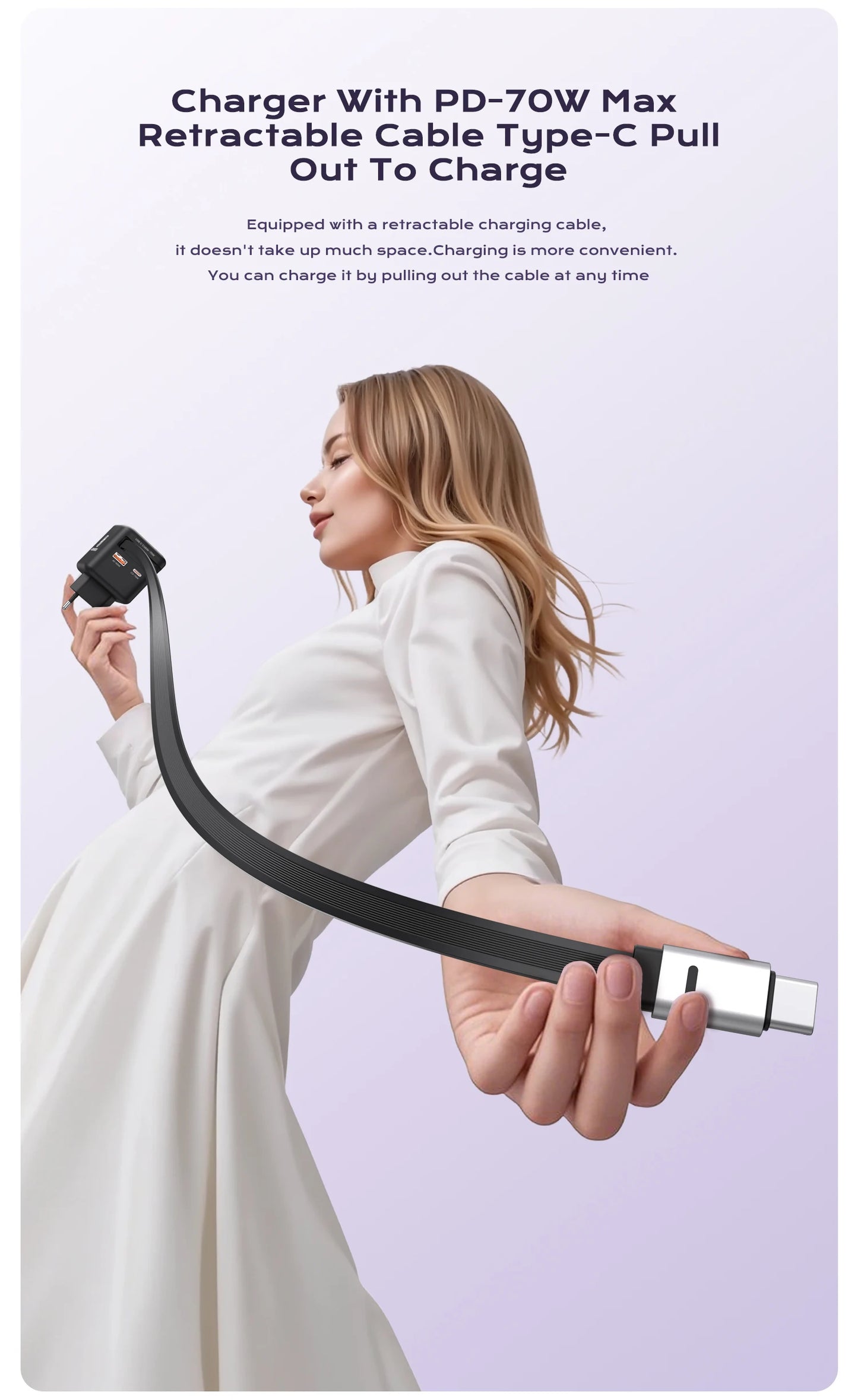 70W GaN Fast Charger with Type-C Retractable Cable 3 IN 1 PD3.0 QC4.0 PPS Fast Charging for IPhone 16 15 14 Xiaomi Tablet Laptop