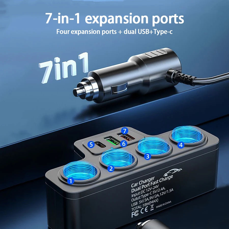 120W Multi-Function Charger USB/Type C Fast Charging Can Charge Multiple Devices At The Same Time, One Tow And Four Car Chargers