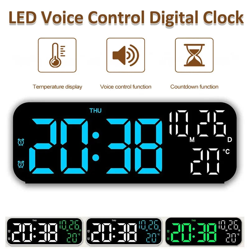 LED Digital Clock Temperature Date Week Display Desktop Clock 3 level Brightness Adjustment Voice Control Countdown Alarm Clock