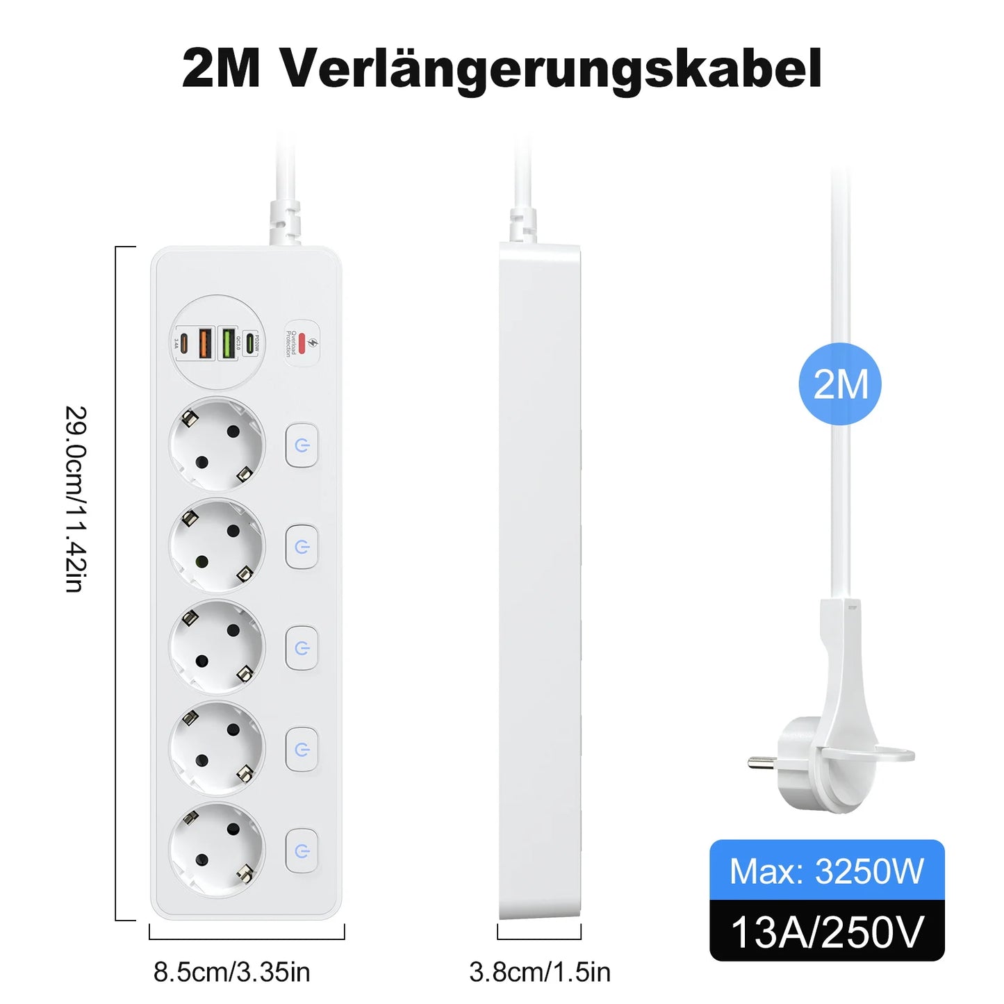 European plug Smart Power Strip with Multi USB Port Type-C, Independent Control Socket 2 meters Cable with Overload Protection