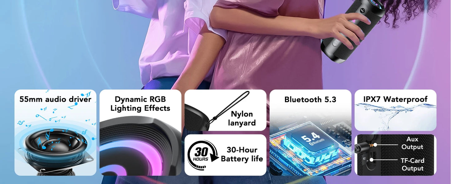 Bluetooth Speaker, Speakers Wireless Bluetooth 5.4 with 30H Playtime, BassUp, 30W Stereo Sound, IPX7 Waterproof Portable Speaker