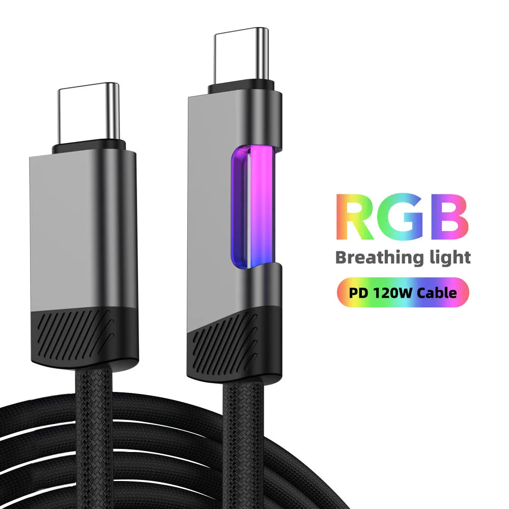 RGB Fast Charging Cable 120W 6A USB Type C Charge Cable with RGB Ambient Light
