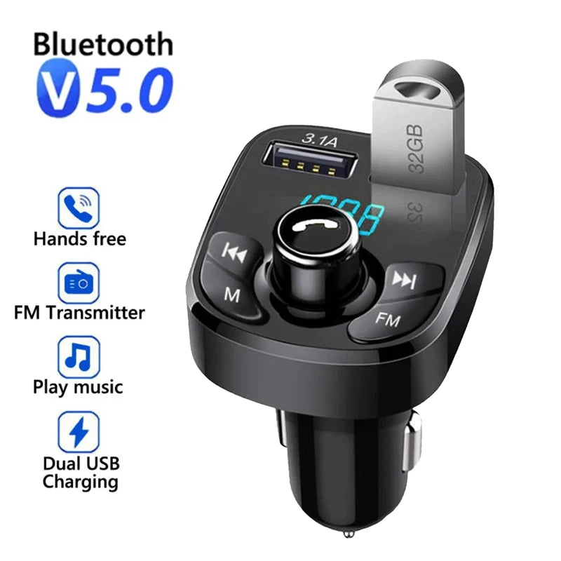 Bluetooth 5.0 FM Transmitter Wireless Handsfree Audio Receiver Dual USB 3.1A+1.0A U Disk Playing for Car Radio Player Speaker