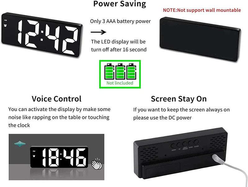 LED Digital Alarm Clock Portable Travel Clock for Bedroom Office  Kitchen Easy to Read Home Decor Battery Mains Powered