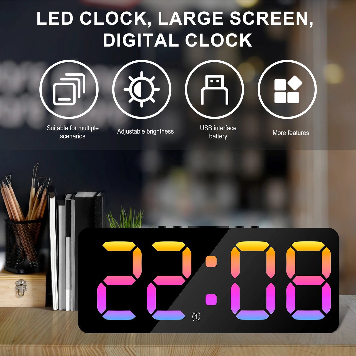 Digital Alarm Clock Large LED Display Alarm Clock 5Level Brightness Dimmable Clock with USB Charging Ports Adjustable Desk Clock
