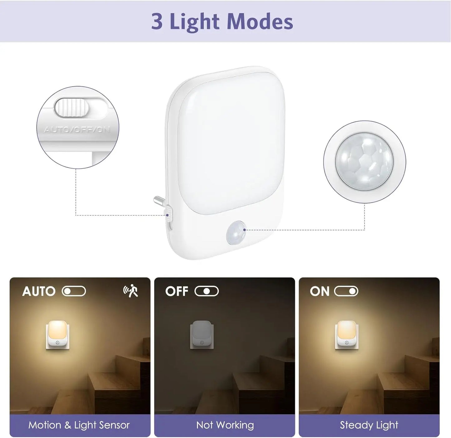 Smart LED Night Light with Sensor, Adjustable Brightness, Suitable for Bedroom, Bathroom, Corridor, Staircase, Kitchen - Plug-in