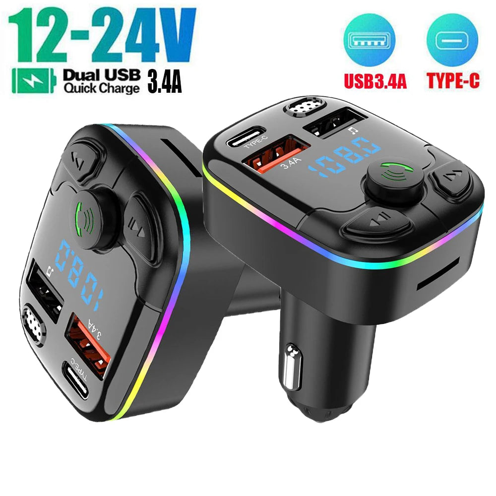 Bluetooth 5.0 Car FM Transmitter PD Type-C Dual USB Ambient Player Handsfree MP3 Charger Type-C Wireless Light PD QC3.0 Adapter