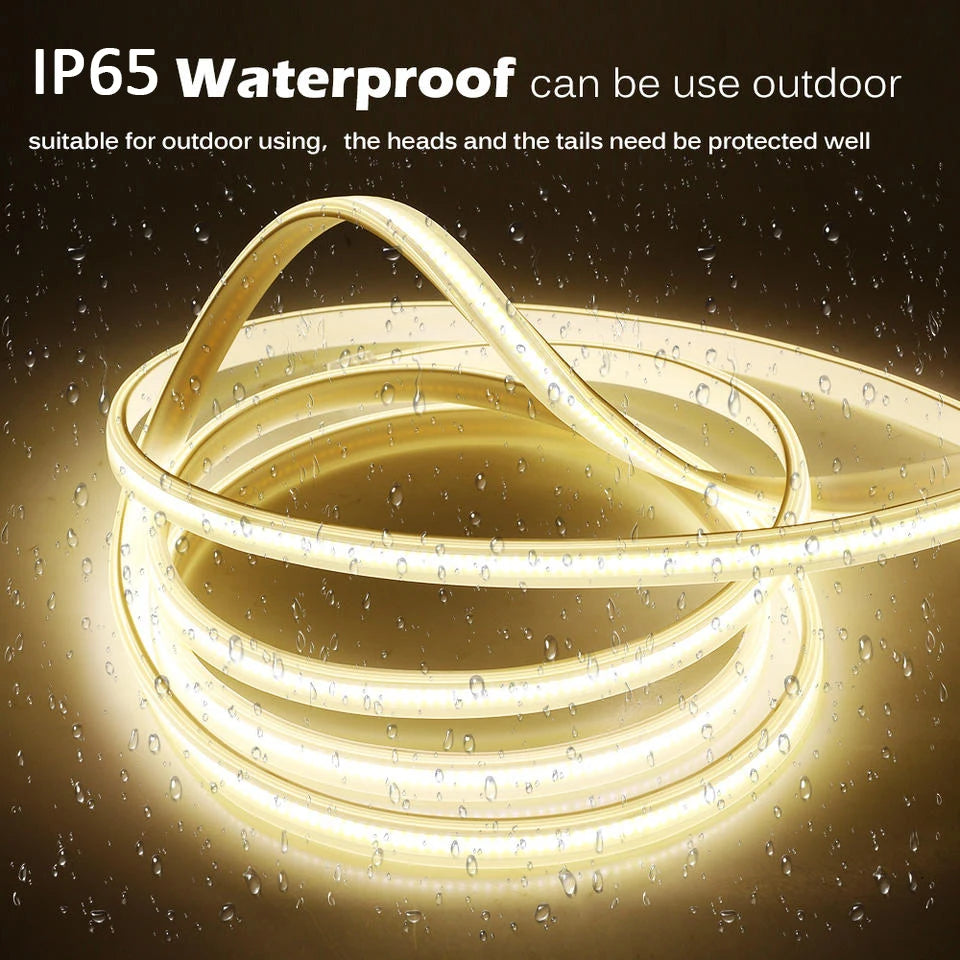 Led Strip Lights 220V with Dimmer IP65 Waterproof COB Led Strip with Self-adhesive Flexible Ribbon for Room Outdoor Lighting