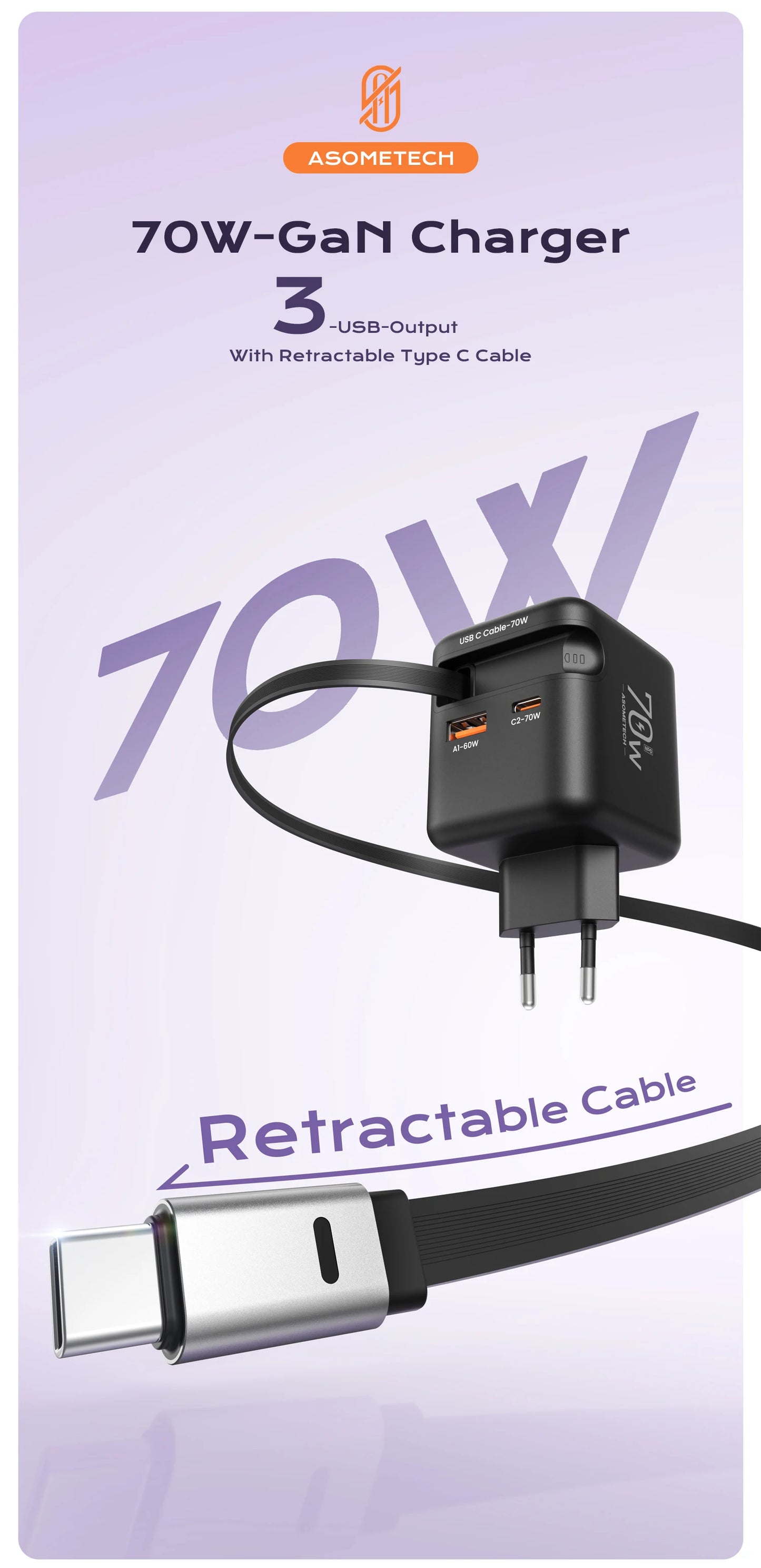 70W GaN Fast Charger with Type-C Retractable Cable 3 IN 1 PD3.0 QC4.0 PPS Fast Charging for IPhone 16 15 14 Xiaomi Tablet Laptop