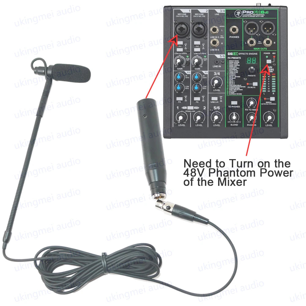 Clip-On Musical Instrument Microphone for Piano Guitar Saxophone Violin Cello Phantom Power Input Flexible Gooseneck Microphone