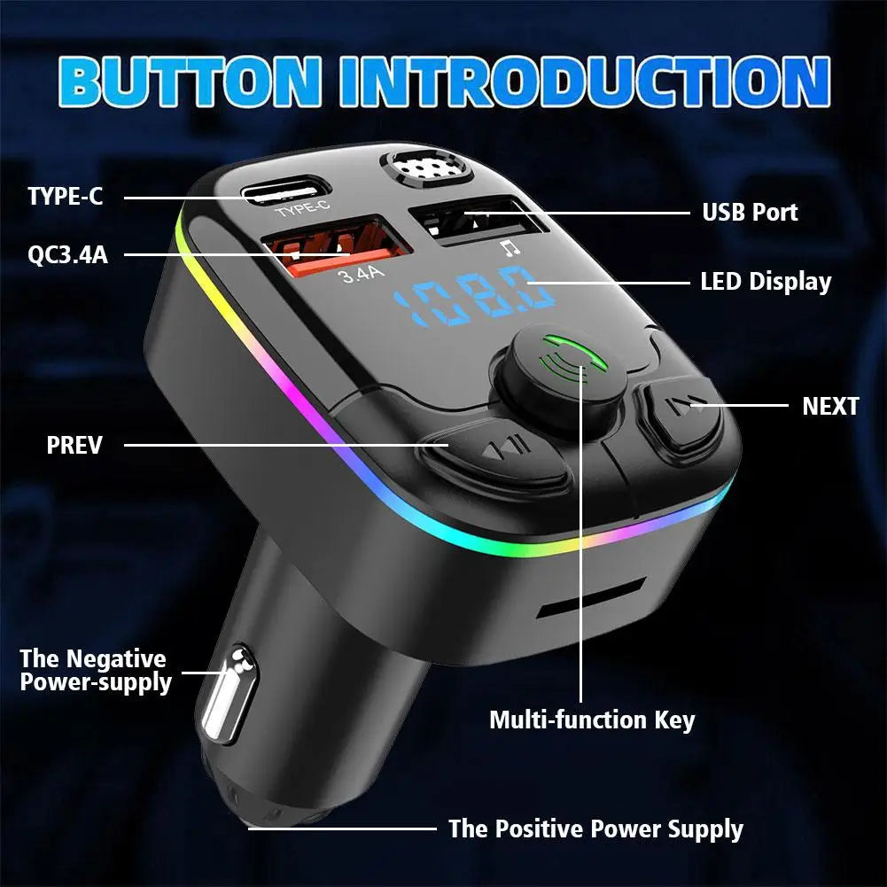 Bluetooth 5.0 Car FM Transmitter PD Type-C Dual USB Ambient Player Handsfree MP3 Charger Type-C Wireless Light PD QC3.0 Adapter