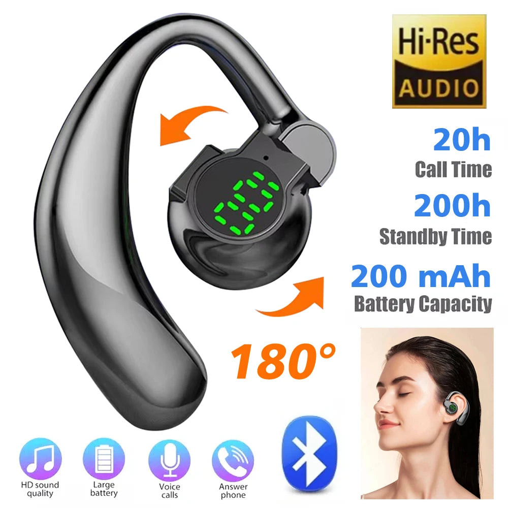 Bluetooth 5.4 Wireless Headset, Long Battery Life Hanging Ears,Start Noise Reduction Digital Display Sports Sleep Music Earring