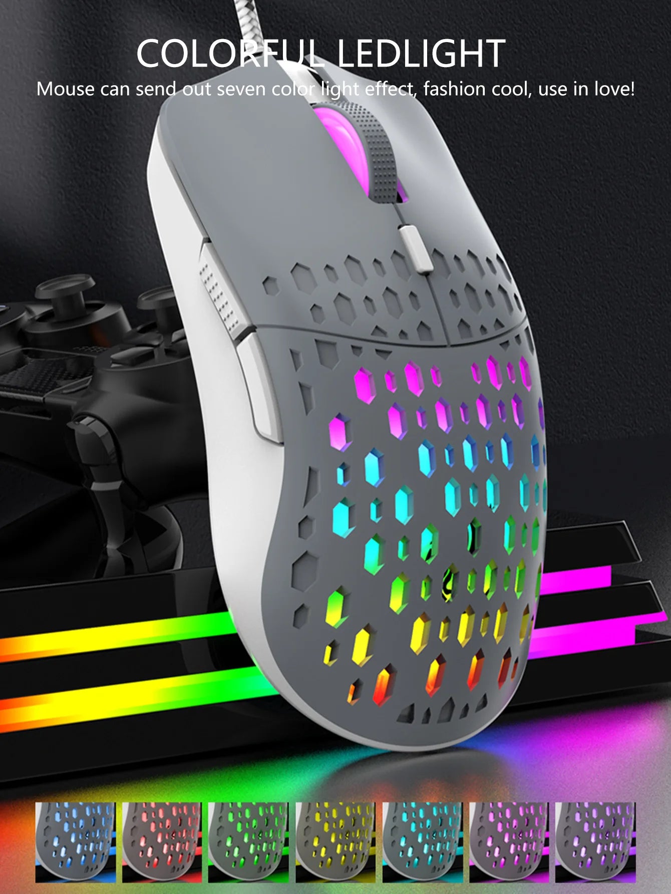 Wireless gaming mouse, dazzling colorful light effect, variable DPI, fashionable honeycomb perforated mouse