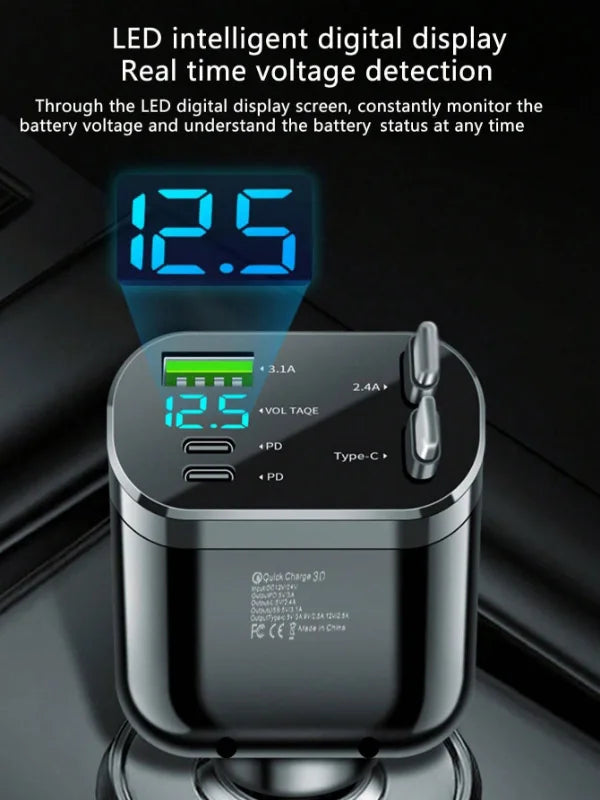 One-to-five car charger with retractable cable, built-in retractable cable PD car fast charging super fast charging flash chargi