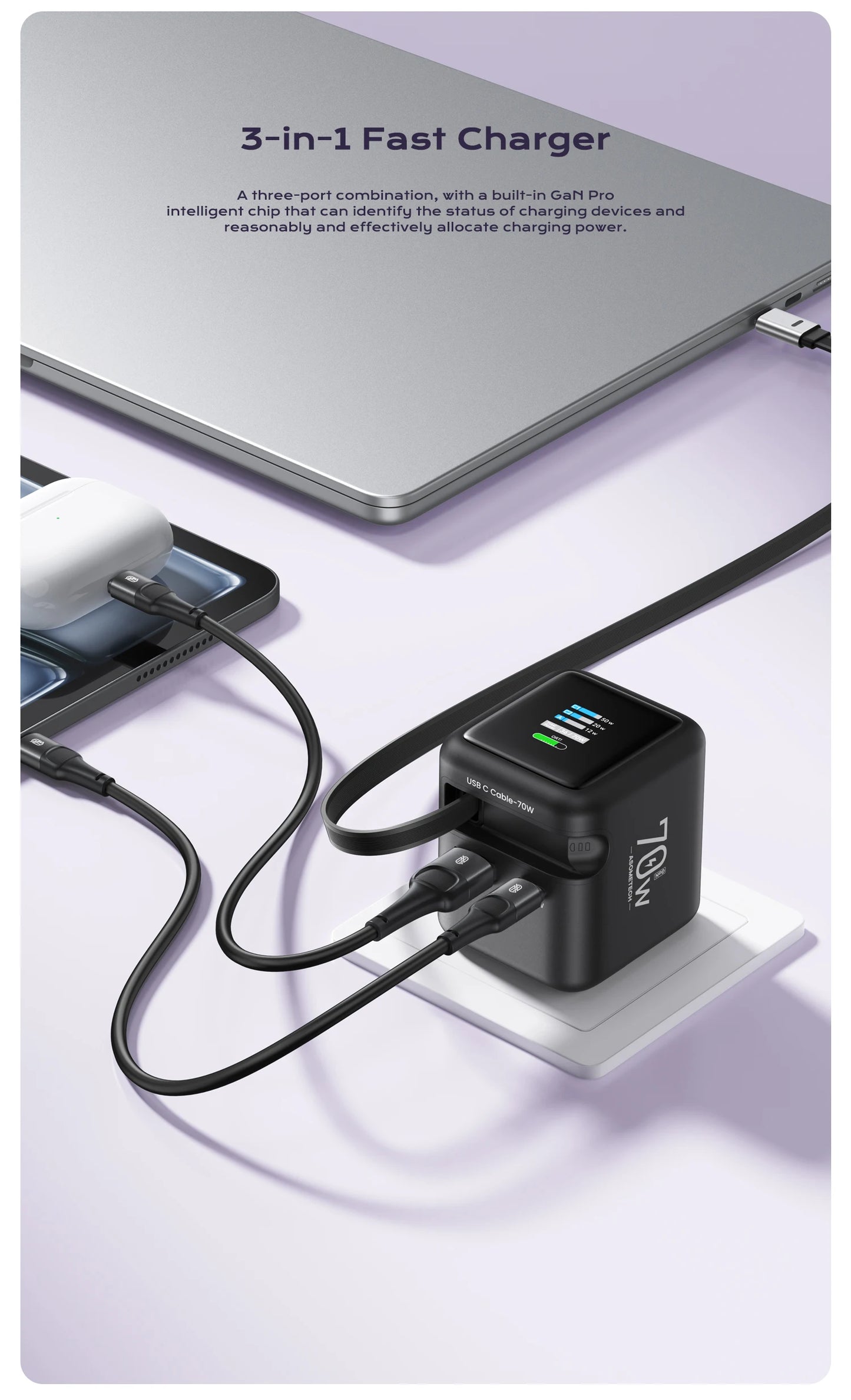 70W GaN Fast Charger with Type-C Retractable Cable 3 IN 1 PD3.0 QC4.0 PPS Fast Charging for IPhone 16 15 14 Xiaomi Tablet Laptop