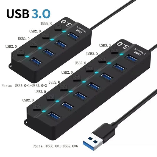 4/7-Port USB 3.0 Hub with LED Indicator Independent Switch Control for Laptop Flash Drive Hard Disk Printer Camera Keyboard