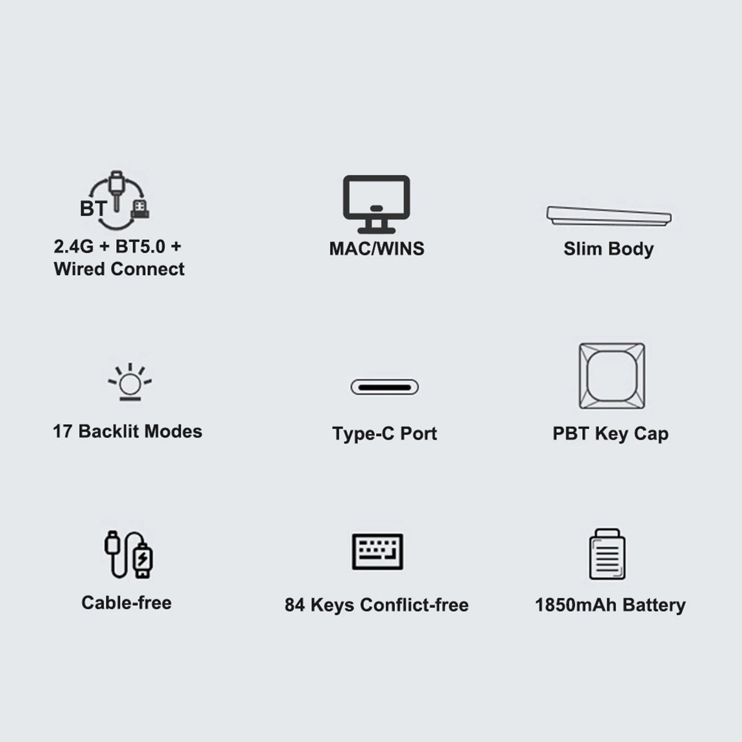 Wireless Mechanical Keyboard 84 Keys 2.4G+BT5.0+Type C 3 Connections 75% Low Profile Layout Keyboards RGB Light Effect