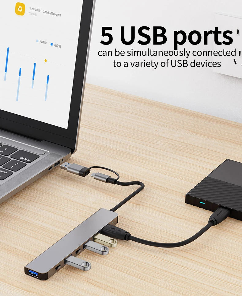 USB C Hub USB Hub 3.0, Aluminum 7 in 1 USB Extender, USB Splitter with USB 3.0, 4 X USB 2.0 and 2 USB C Ports USB Distributor