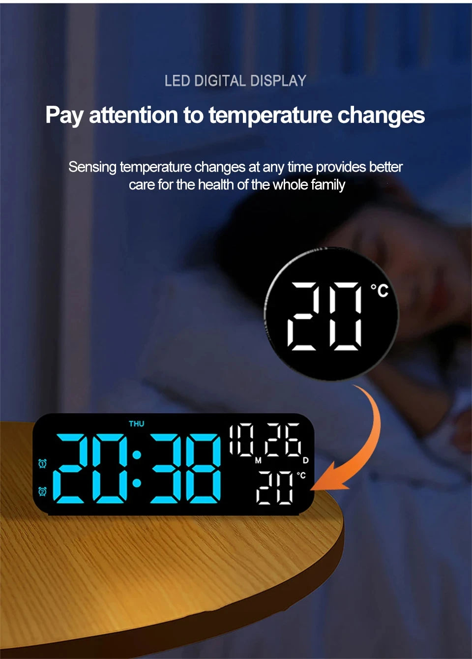 LED Digital Clock Temperature Date Week Display Desktop Clock 3 level Brightness Adjustment Voice Control Countdown Alarm Clock