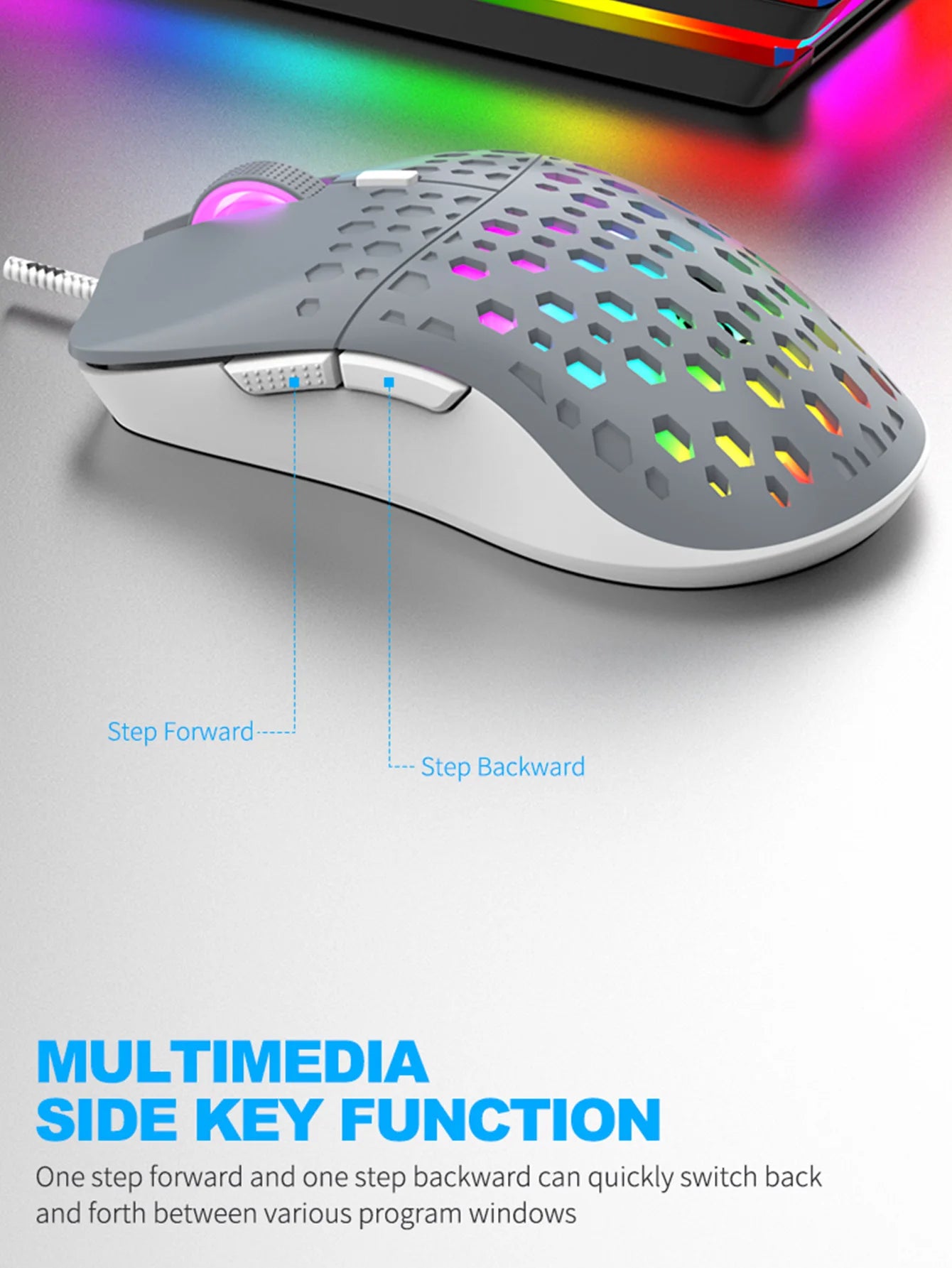 Wireless gaming mouse, dazzling colorful light effect, variable DPI, fashionable honeycomb perforated mouse