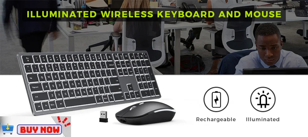 Wireless Keyboard and Mouse Combo Backlit ,Rechargeable Full-Size Illuminated Wireless Keyboard and Mouse Set, 2.4Ghz Keyboard