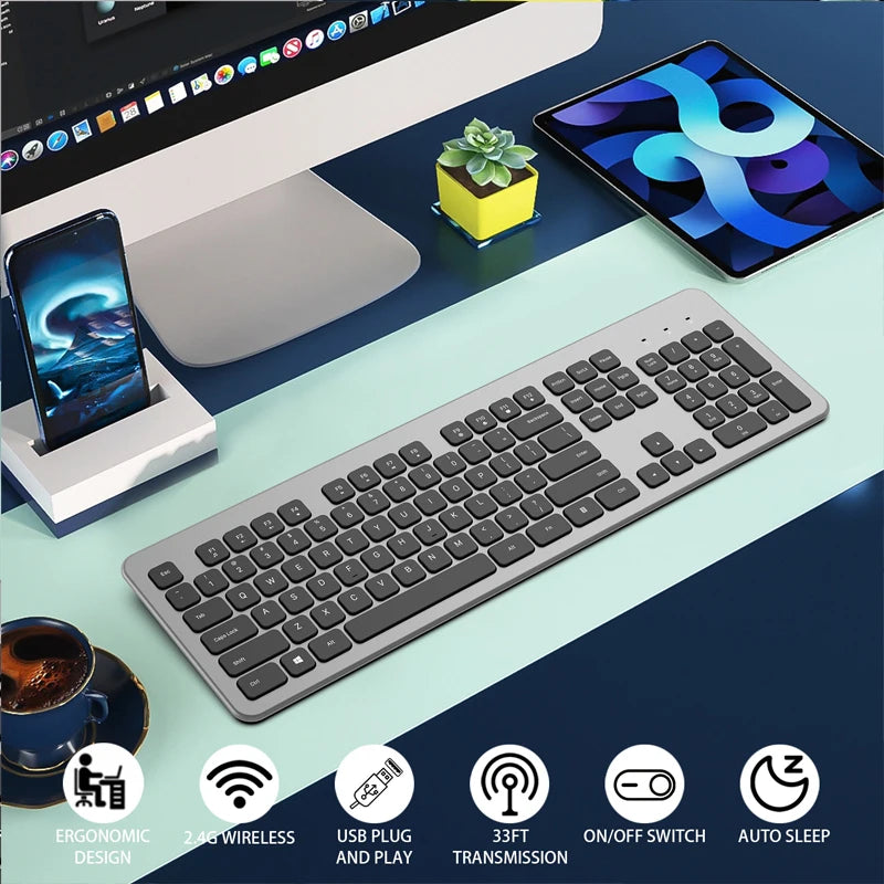 Wireless Keyboard 104 Keys,English,Rechargeable USB Type C,Low Profile Keycaps,Silent Keyboard,Office Slim Design for Laptops