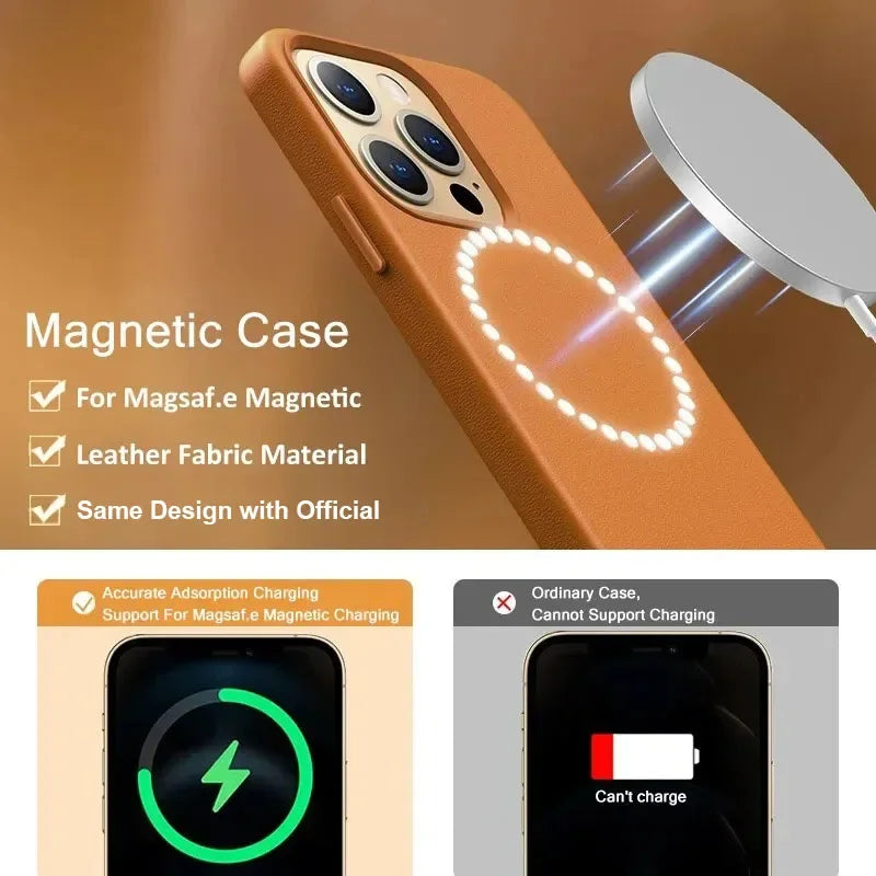 Official MagSafe Leather Case for iPhone 16 Pro Max 13 12 14 15 Plus Original Strong MacSafe Magnetic Cover Accessories