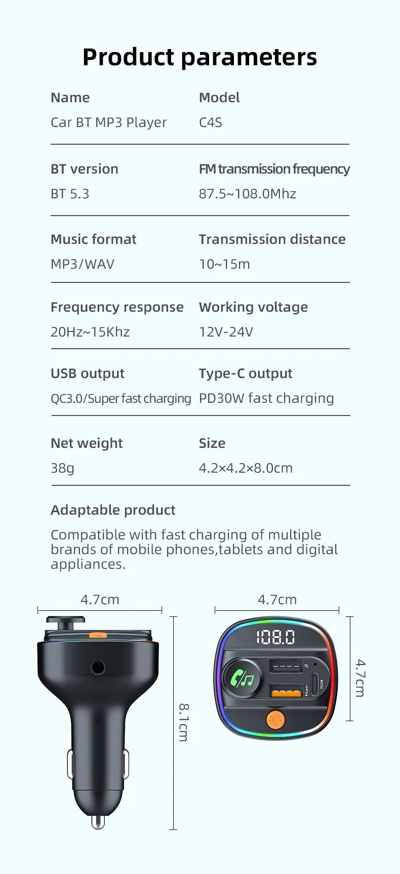 Bluetooth 5.4 FM Transmitter Handsfree Car AUX Radio Modulator MP3 Player with 22.5W & PD30W Fast Charge Adapter Car Accessories