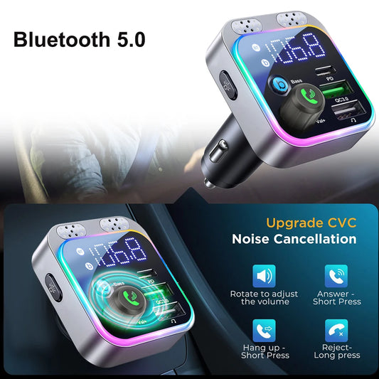 Bluetooth 5.0 FM Transmitter For Car FM/AUX Bluetooth Car Adapter Car Charger Bass Boost 3 Ports Charger Bluetooth Adapter