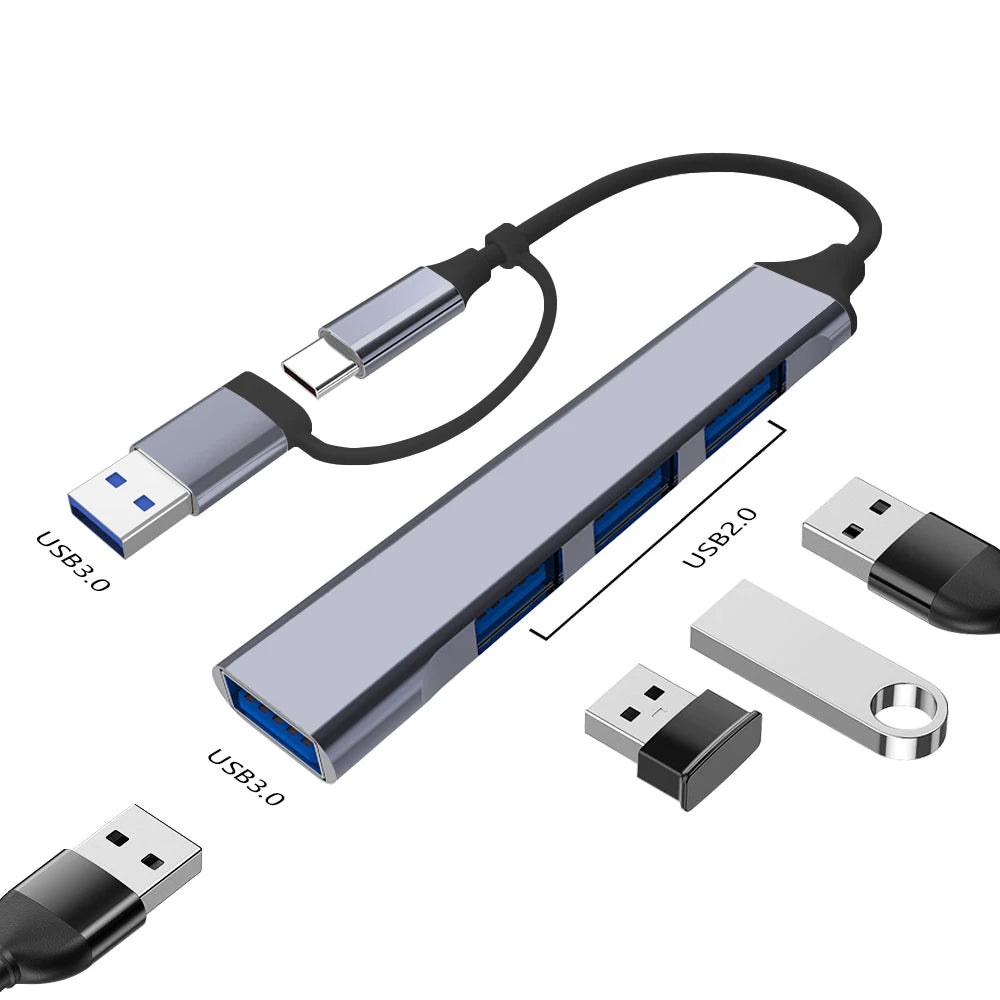 USB C Hub USB Hub 3.0, Aluminum 4 in 1 USB Extender, USB Splitter with USB 3.0, 3 X USB 2.0 and 1 USB C Ports USB Distributor
