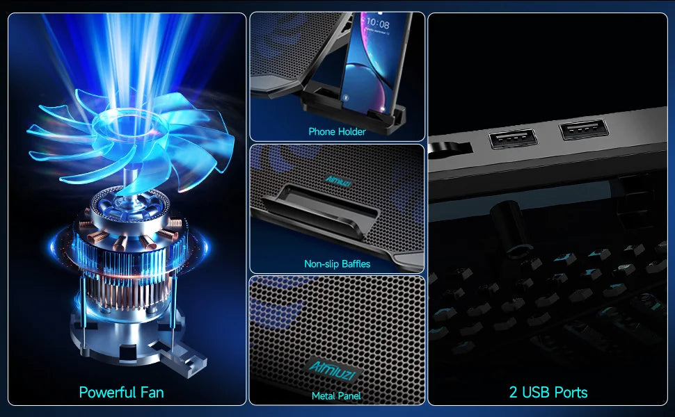 COOLCOOLD Laptop Cooling pad for 12-17 Inch Laptop Cooler Stand, 5 quiet fans, 5 Angle Adjustable with phone holder
