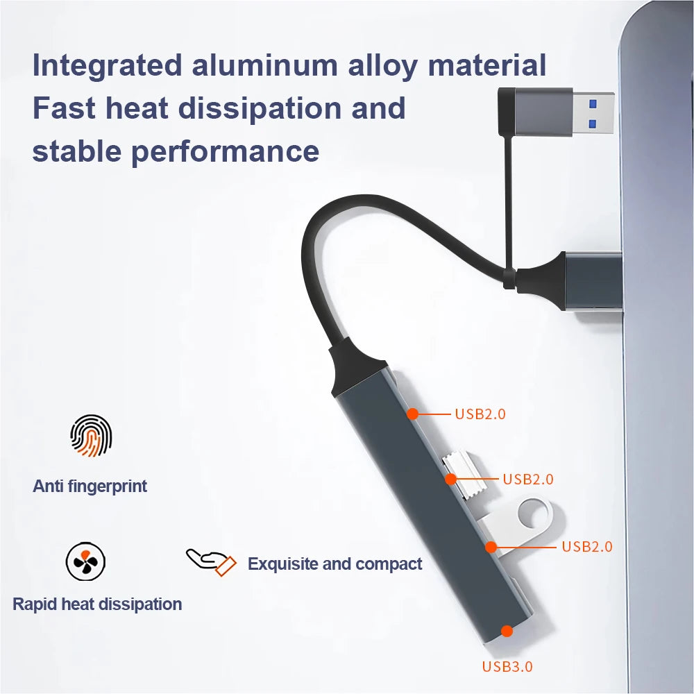 USB C Hub USB Hub 3.0, Aluminum 4 in 1 USB Extender, USB Splitter with USB 3.0, 3 X USB 2.0 and 1 USB C Ports USB Distributor