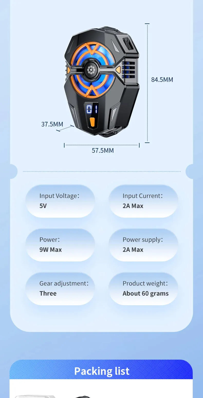 Cooler Gaming Universal Phone Cooling Fan 3 Modes Mobile Phone Radiator for iPhone 15 Android 4.5 to 7 inch Phone Live Streaming