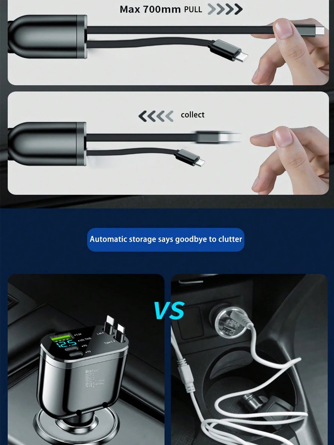 One-to-five car charger with retractable cable, built-in retractable cable PD car fast charging super fast charging flash chargi