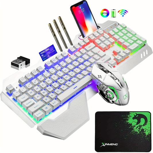 FreeWolf Wireless Keyboard and Mouse, RGB LED Backlit Rechargeable Keyboard Mouse with 3800mAh Battery Metal Panel, Removable Hand Rest Mechanical Feel Keyboard and 7 Color Gaming Mute Mouse for PC Gamers-white