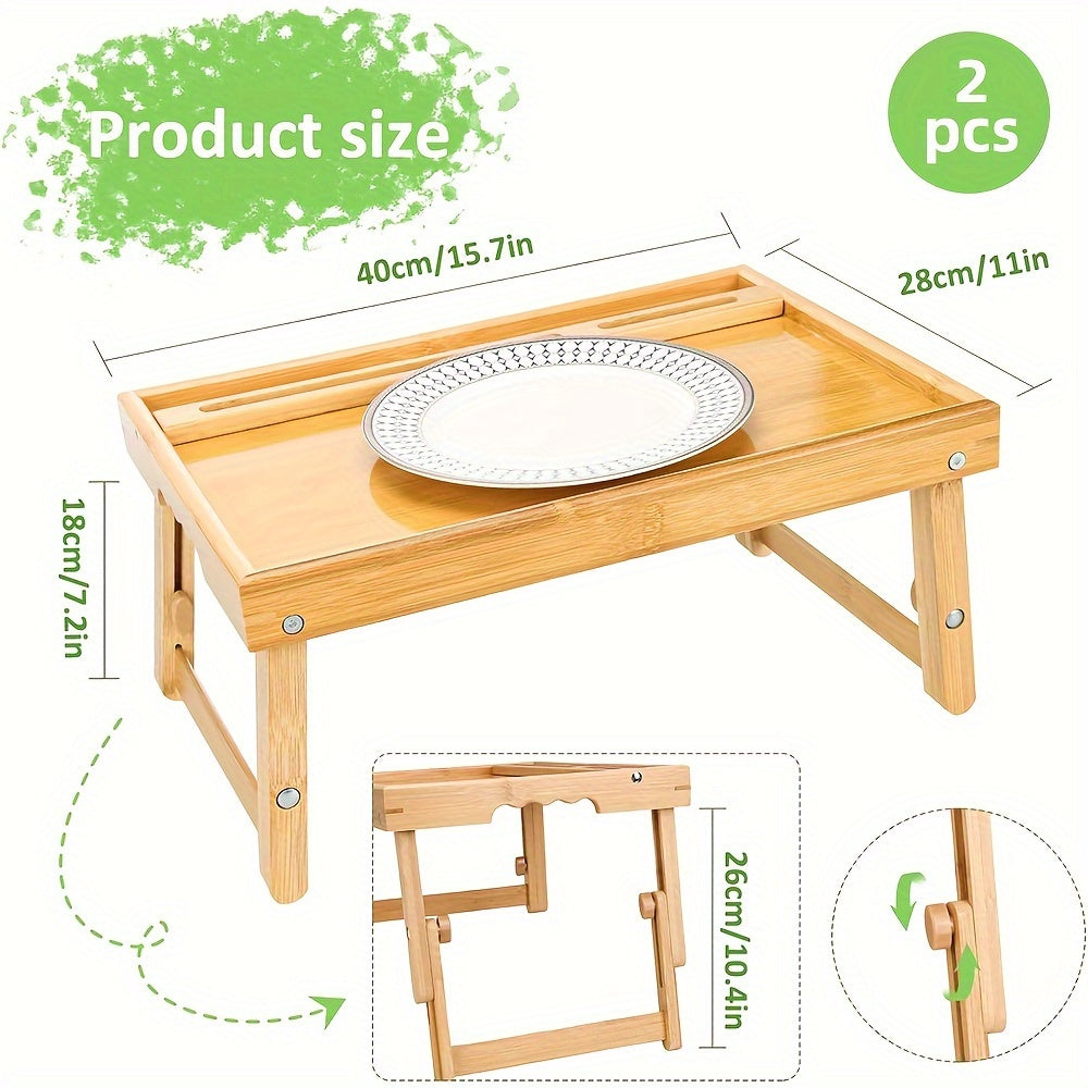 Adjustable Bamboo Bed Tray Table - 2pcs Folding Laptop Desk with Phone Holders - Space Saving, Easy Storage, 15.7x11x7.2in