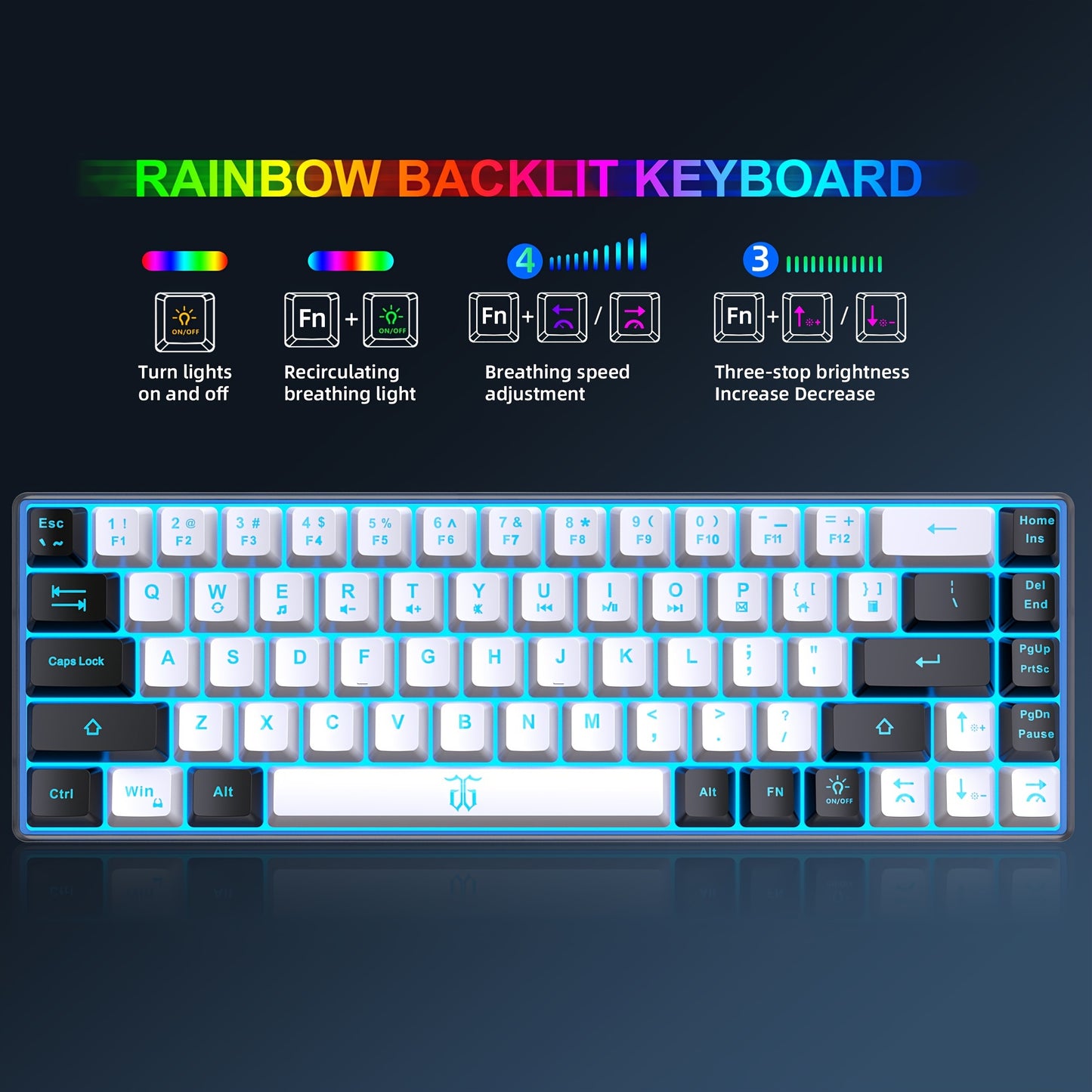 Snpurdiri 60% Wireless Gaming Keyboard and Mouse Combo, Ice Blue Backlit, Rechargeable 2000mAh Battery, Compact Anti-Ghosting Design, Includes RGB Mice for PC & Laptop - White & Black, Gaming Accessories | Compact Keyboard La