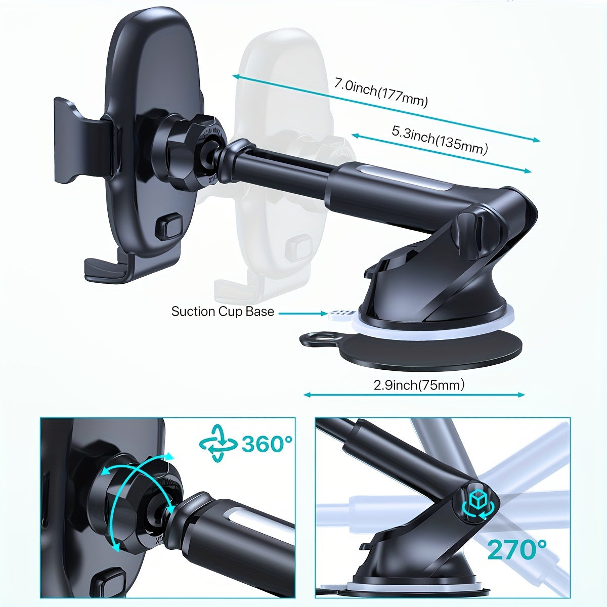 [3-in-1 Phone Holder] 3-in-1 Car Phone Holder Mount, Universal Cell Phone Holders for Your Car Dashboard Air Vent, Adjustable Car Phone Holders Fit for All Phones, By Miracase