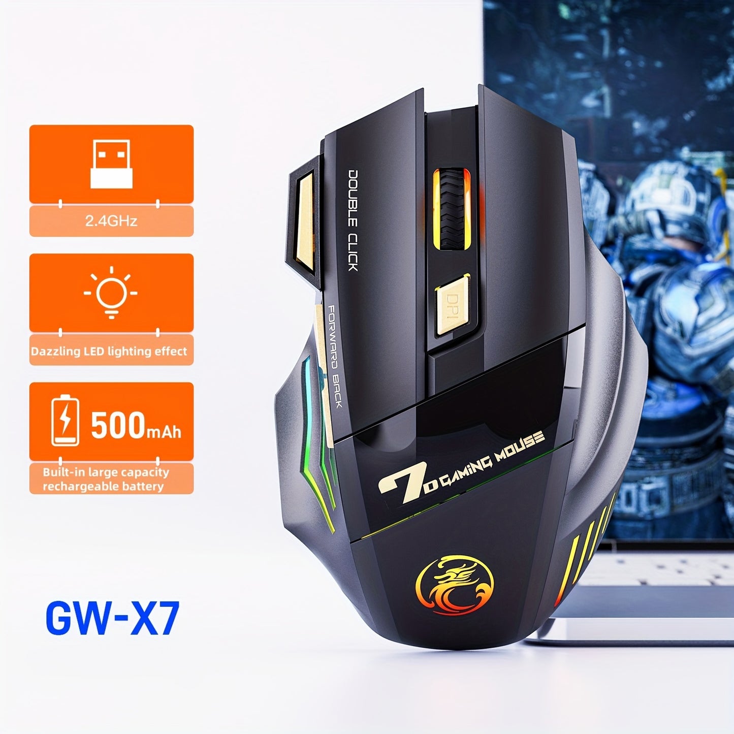 MCPIWOHY Gaming Mouse 2.4G Wireless with RGB Breathing Light, 7 Programmable Buttons, 500mAh Rechargeable Battery, Type-C Charging, 7200 DPI, Right-Handed Design for Windows 10, Wireless Mouse for Laptop