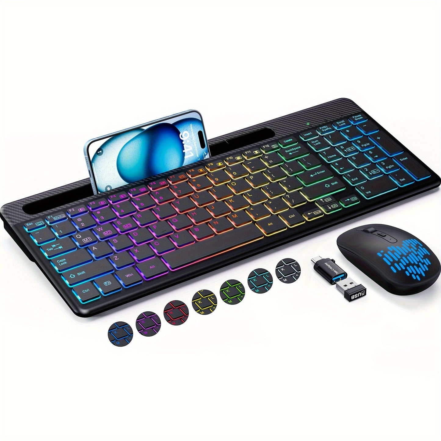 Wireless Keyboard and Mouse Combo - 15 Backlit Effects, Rechargeable, Silent, 2.4G, Type C Adapter, Phone/Tablet Holder - Perfect for PC, Laptop, MacBook, and More