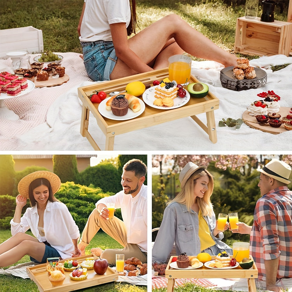 Adjustable Bamboo Bed Tray Table - 2pcs Folding Laptop Desk with Phone Holders - Space Saving, Easy Storage, 15.7x11x7.2in