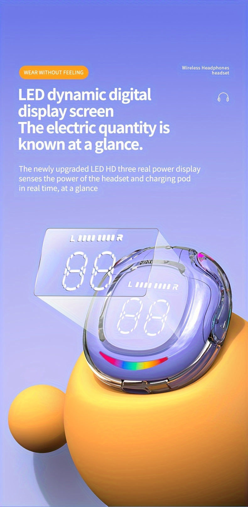 Wireless 5.4 Wireless Earbuds Built-in Ambient Lighting Sports Gaming Headset Bass Touch Control Headset Digital Display