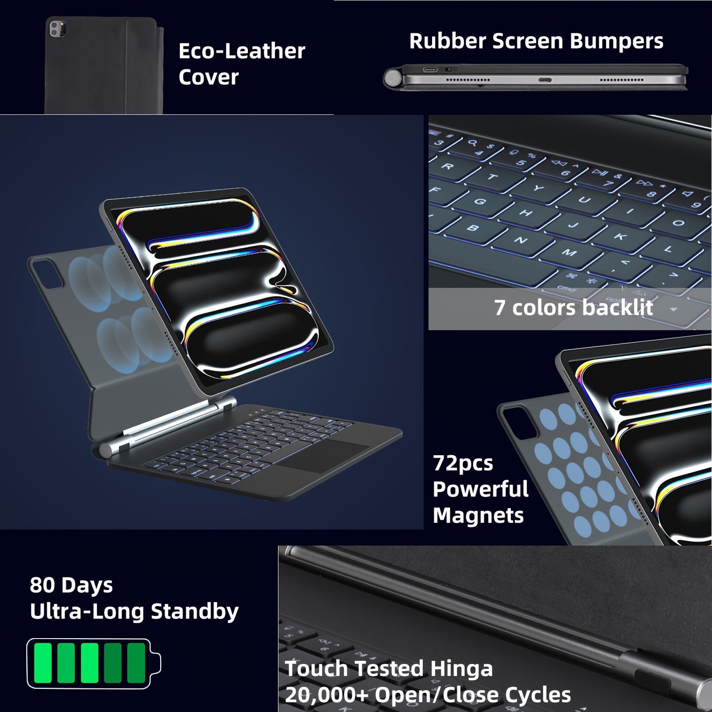 DVWDVW 7-Color Backlit For IPAD Keyboard Case, PU Leather, Magic Magnetic Stand Keyboard For IPad Pro 2024 (M4) With Multi-Touch Trackpad, Floating Design, 7 Colors Backlit, Wireless Keyboard Case