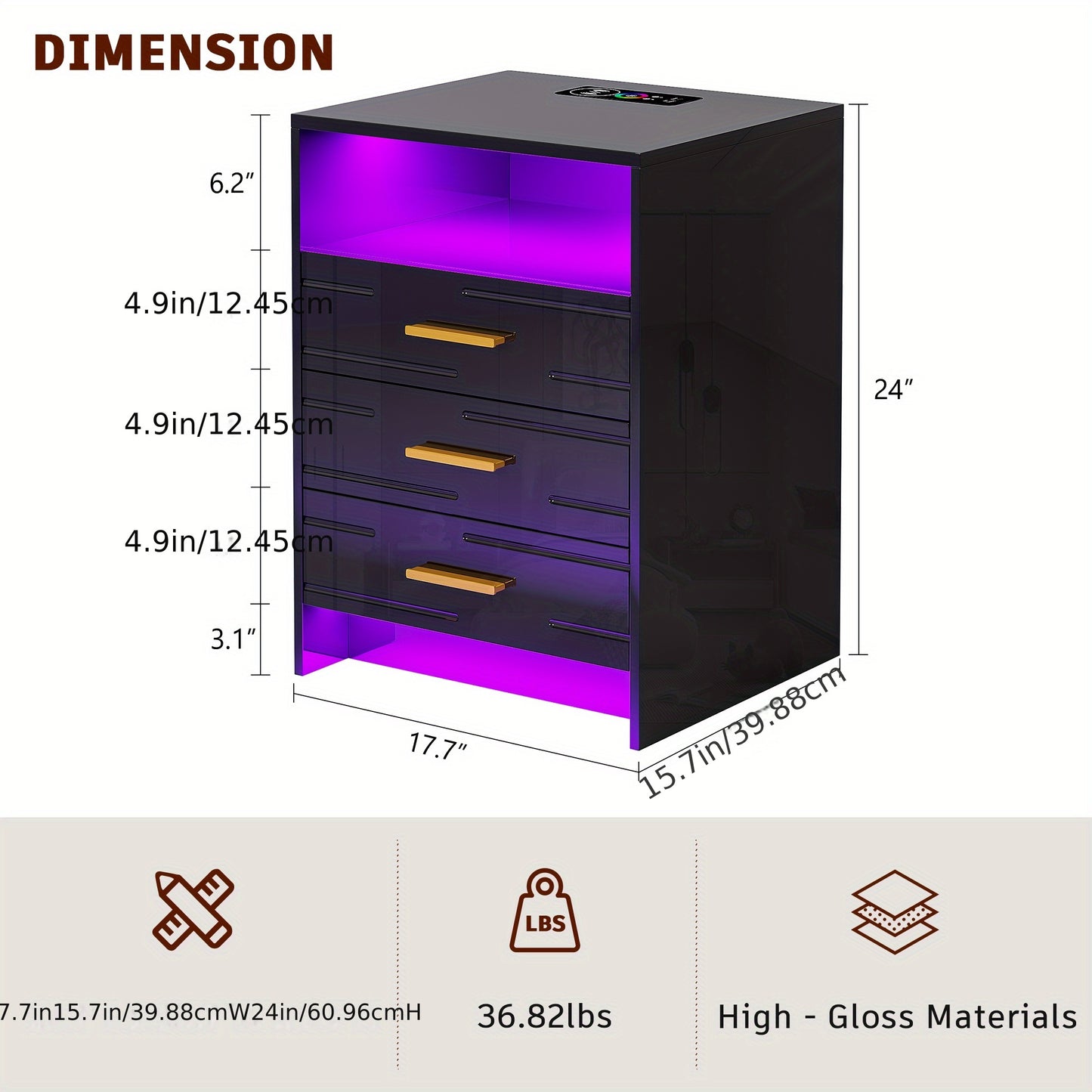 HWB RGB LED Nightstand with Wireless Charging Station, Smart Night Stand with Motion Sensor Lights, High Gloss White Nightstand with 3 Drawers for Bedroom, Modern Bedside Tables