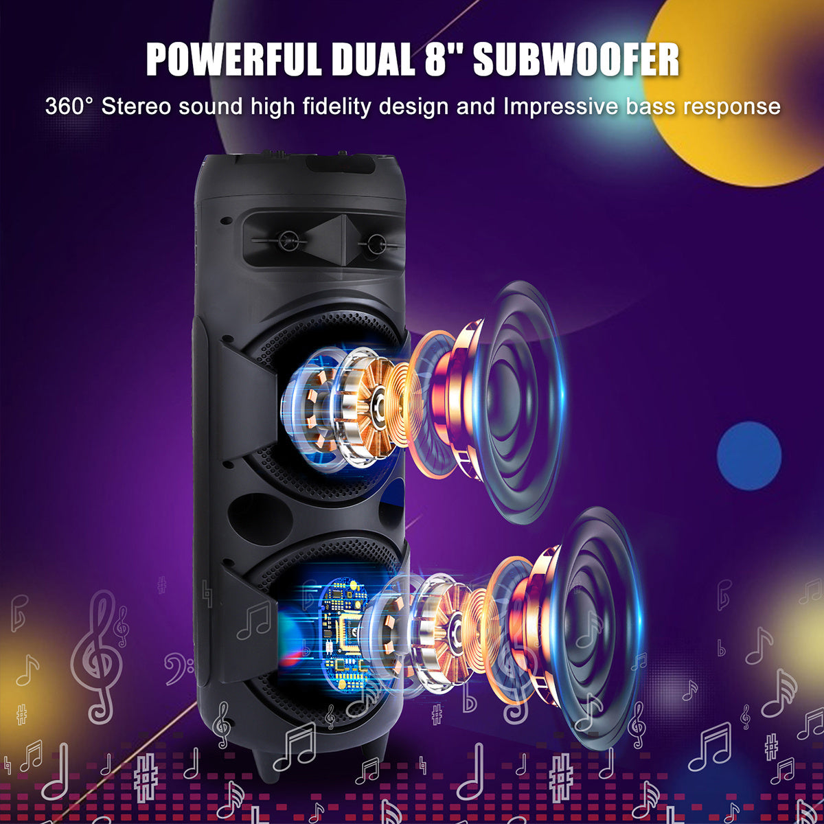 Portable Wireless PA Speaker, Bluetooth Speakers Loud Sound Powerful Subwoofer System, Support AUX USB FM Wired Microphone Audio Input, Built-in Rechargeable Battery Speaker with LED Light, Wired Microphone and Remote Control