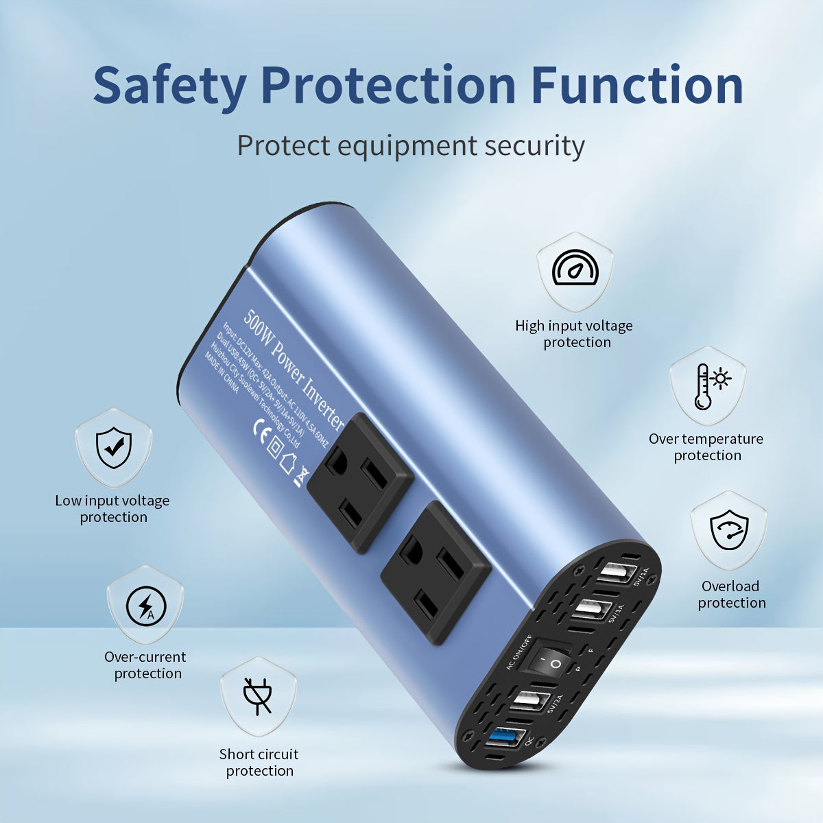 [500W Peak Power] 500W Car Power Inverter Converter - DC 12V to AC 110V, LCD Display, Dual AC Outlets, 4 USB Car Chargers - For Cars, Homes, Laptops, Trucks