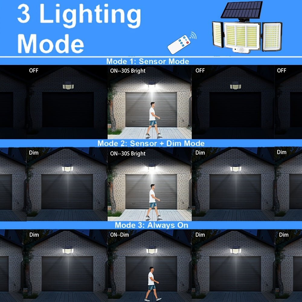 2pcs/4pcs Solar Motion Sensor Lights, 348 LED 2500 Lumens Solar Outdoor Lights with Remote, IP65, 3 Head, 270 ° Wide-angle Motion Sensor Lights Outdoor, 3 Patterns Of Wall Lights Solar Security Flood Lights for Patio, Garden