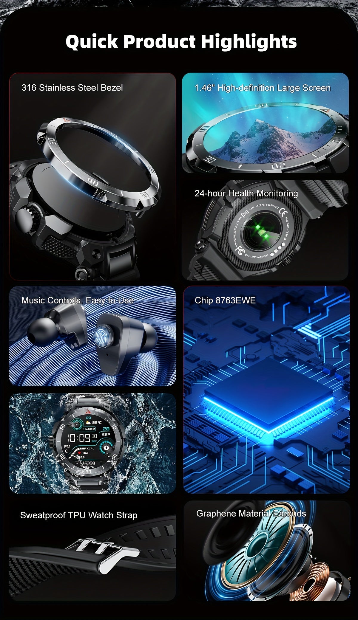 2025 New 3-In-1 Smartwatch with Wireless Earbuds for Men, Music And Fitness Features, 1.46-Inch HD Display, Call Functionality, Speaker, Recording, Sports Tracker, Compatible with Ios And Android, Long Battery Life