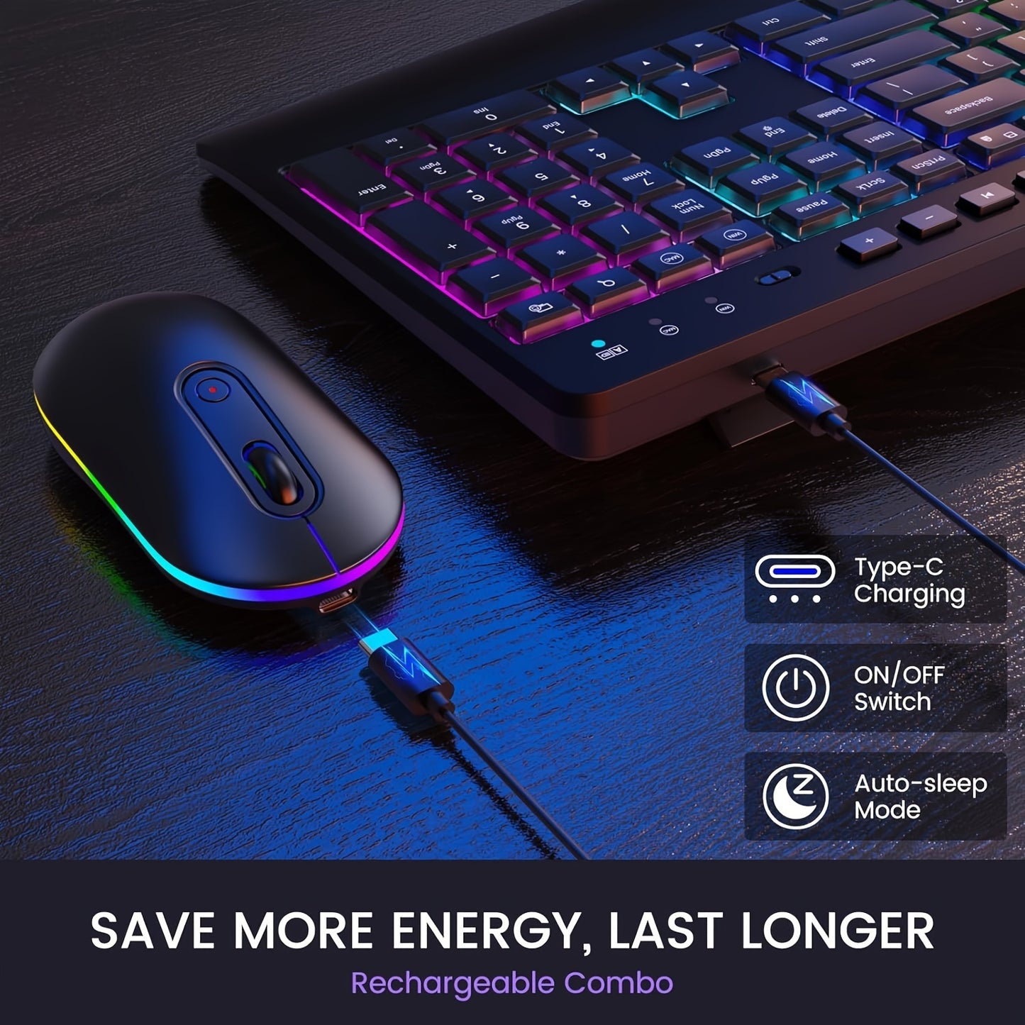 Rechargeable Wireless Keyboard Mouse Combo - Full-Size RGB Backlit Silent Ergonomic Keyboard with Phone/Tablet Holder, 2.4G Wireless Connection, Long-Lasting Battery Life, and Compact Design for Computer, PC, Laptop
