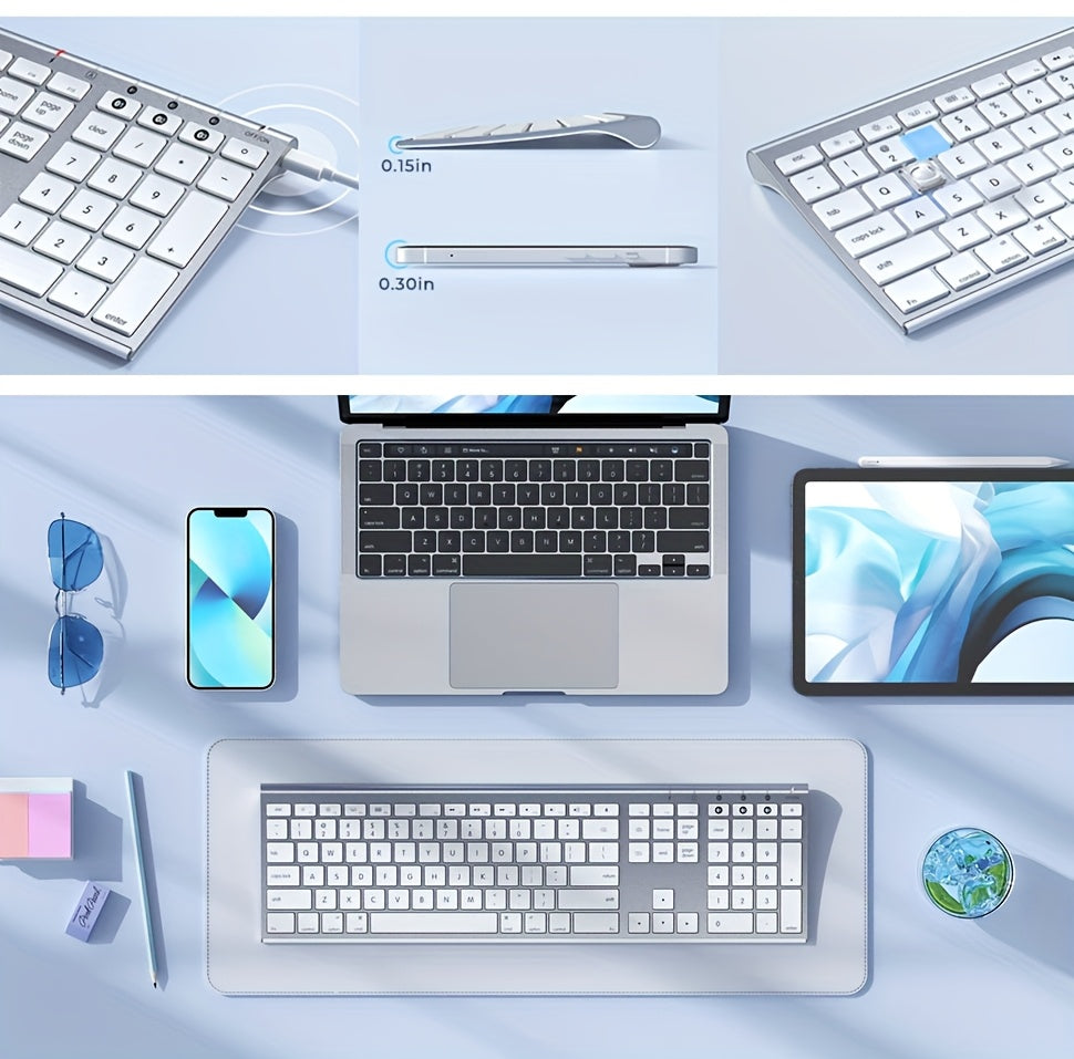 BT Keyboard for Mac- Rechargeable Full Size Keyboard for THREE Devices, Slim Quiet Keyboard with Numeric Keypad Compatible for MacBook Pro/Air, IMac, for iPhone, for iPad Pro/Air/Mini